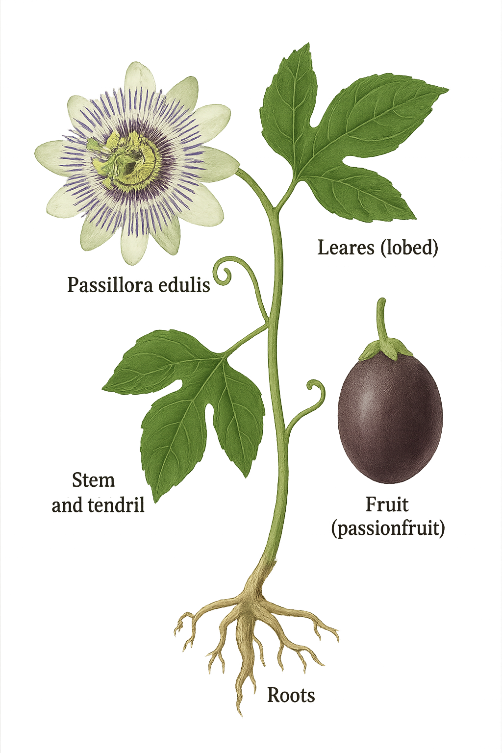 Passiflora edulis botanical illustration