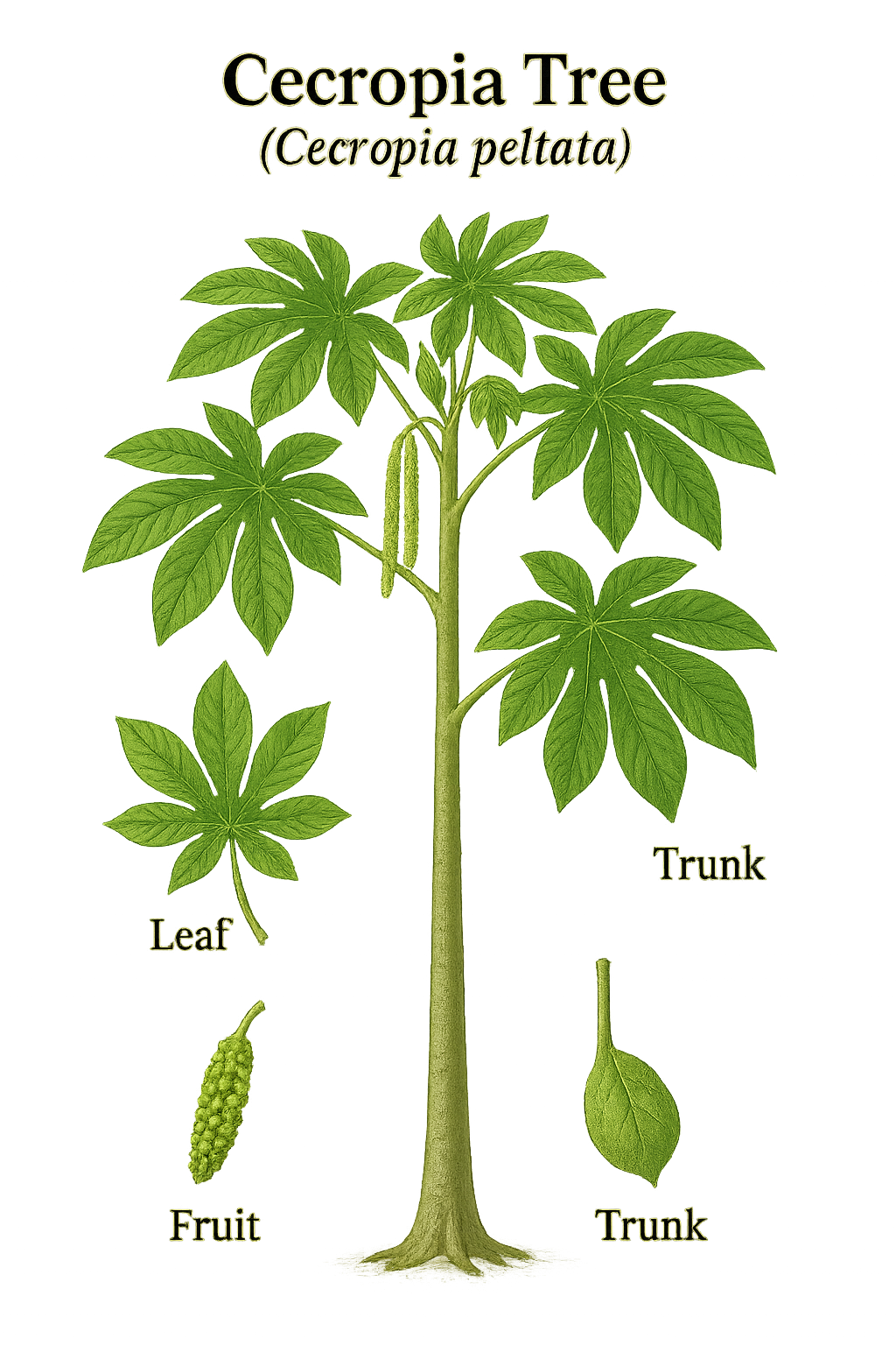 Cecropia Tree botanical illustration
